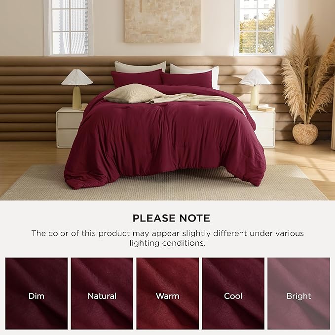 Bedsure Twin/Twin XL Comforter Set, Dark Red Soft Prewashed Bedding for All Seasons, 2 Pieces GentleSoft™ Bed Set, 1 Lightweight Comforter (68"x88") and 1 Pillowcase (20"x26")