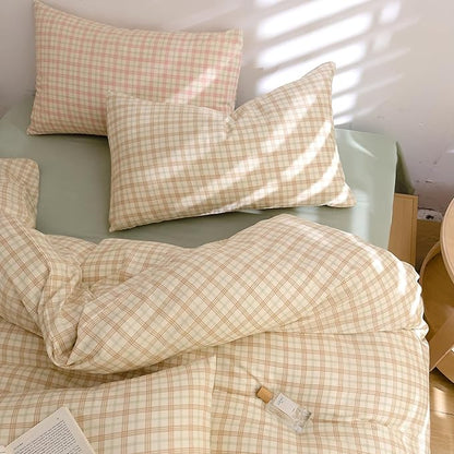 Vintage Beige Plaid Duvet Cover Twin XL 100% Cotton Muslin Grid Checkered Plaid Bedding Set Breathable Linen Like Gauze Comforter Cover Farmhouse Beige Green Gingham Duvet Cover with Zipper Closure