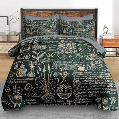 Comforter Set Queen Size, Retro Herbs 7 Pcs Bedding for Kids and Adults, Flower Vintage Leaf Bed Sheet Sets with Fitted Sheet 2 Pillowcases & 2 Shams for Bedroom Bed Decor