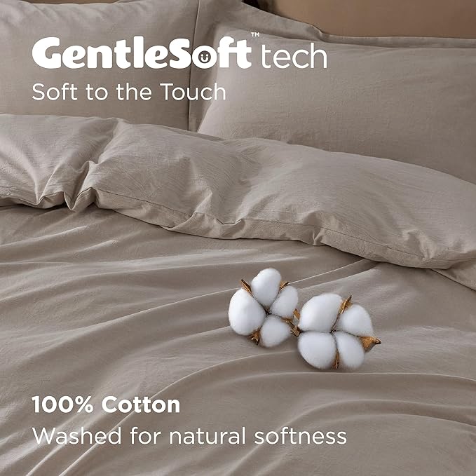 Bedsure 100% Washed Cotton Duvet Cover Full Size - Natural Minimalist Bedding Set Linen Like - PureWoven Plain Simple & Soft Comforter Cover for All Seasons (Natural, Full, 80"x90")