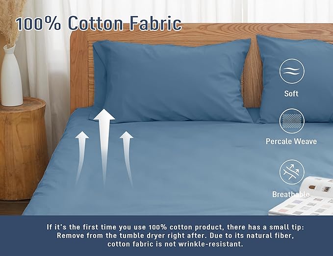 Pillow Cases, King Size Cotton Percale Weave Pillowcases, Pre-Shrunk Breathable and Hypoallergenic Pillowcases, Set of 2 (2 Piece King 20 Inch x 40 Inch, Moonlight Blue)