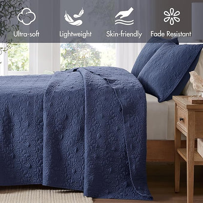 Madison Park Quebec Queen Size Quilt Bedding Set - Navy , Damask – 3 Piece Bedding Quilt Coverlets – Ultra Soft Microfiber Bed Quilts Quilted Coverlet