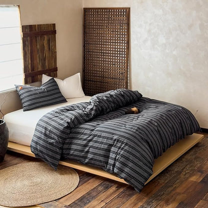 VM VOUGEMARKET Minimalist Black Stripe Duvet Cover Set – Soft Washed Cotton, Modern Neutral Ticking Pinstripe Farmhouse, 3 Pieces,Black&White,Queen Size