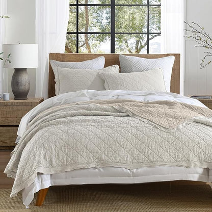 HORIMOTE HOME 100% Linen Front/100% Cotton Back Quilt Set Twin Size, Beige Pre-Washed European Flax Linen Quilt, Diamond Stitch Bedspread Coverlet Bedding Set 2-Piece for All Seasons