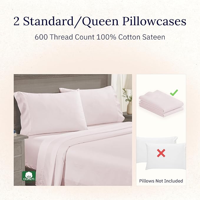 Luxuriously Soft Premium 600 Thread Count, 100% Cotton Set of 2 Cases, Crisp Blush Standard Pillowcases Fits Standard & Queen Pillows (Blush Pink)