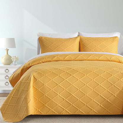 Yiran Mustard Yellow Quilt Set King Size, 3 Piece Reversible Bedspreads Bedding Set, Winter Diamond Pattern Coverlet for All Season with 2 Pillow Shams (King, 106x96 Inch)