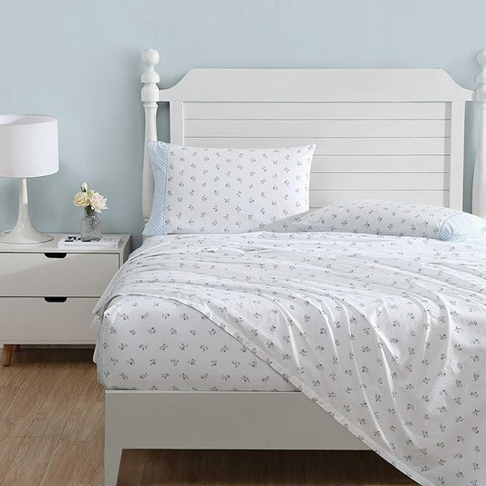 Laura Ashley - Queen Sheet Set, Crisp & Cool Cotton Percale Bedding with Deep Pockets, Lightweight for Year Round Comfort, Bed Sheets with Matching Pillowcases (Harperette Blue)