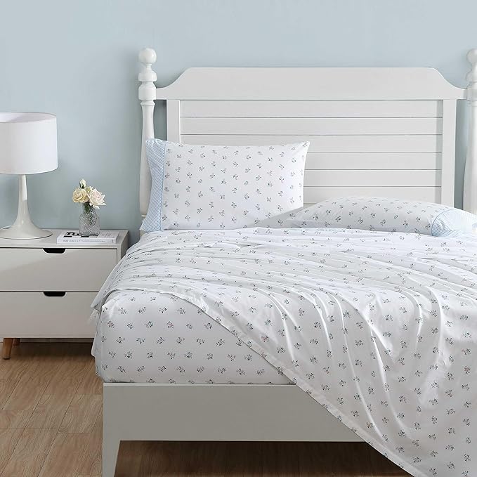 Laura Ashley - Twin Sheet Set, Crisp & Cool Cotton Percale Bedding with Deep Pockets, Lightweight for Year Round Comfort, Bed Sheets with Matching Pillowcase (Harperette Blue)