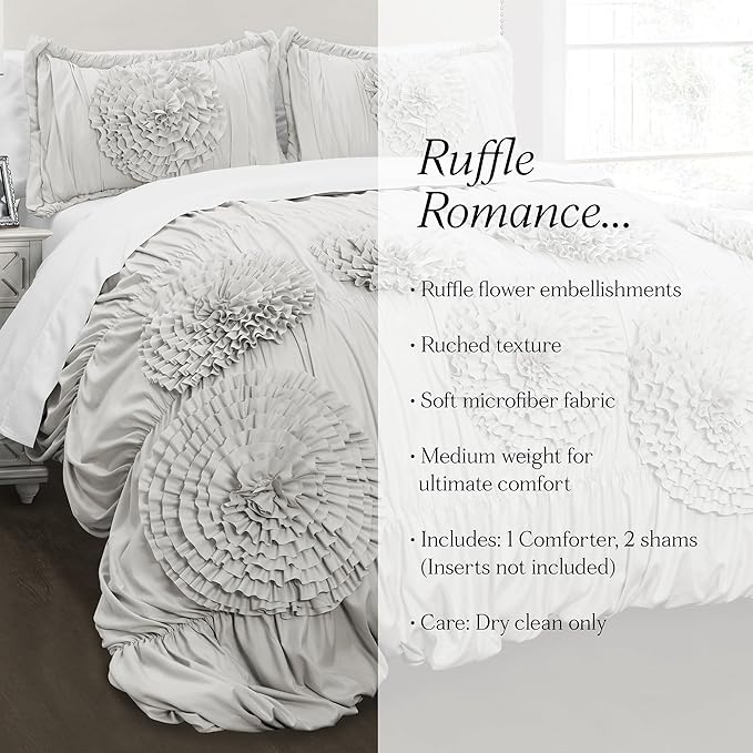Lush Decor Serena Comforter Set, 3 Piece Set, King, Light Gray - Cute Comforter - King Bedding Set - Gray Comforter King Size - Coquette Decor