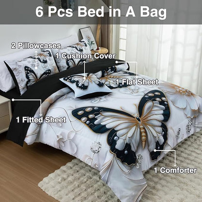 A Nice Night 6pcs Bed in A Bag Black and Glod Dreamy 3D Butterfly Printed, with Pearl Flower Design Butterflies Bedding Full Comforter Set, for Girls Kids Teens