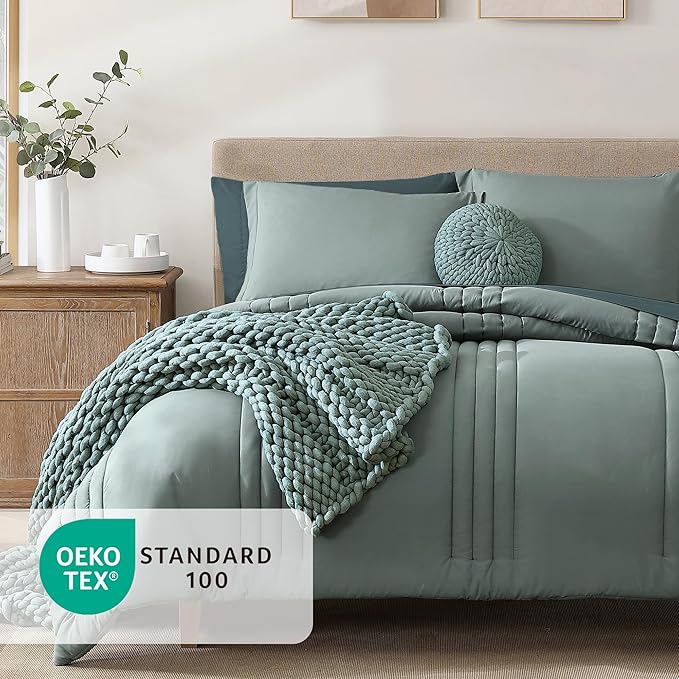 Monbix California King Size Comforter Set - 7 Pieces Bed in a Bag California King, Sage Green Bedding Sets, All Seasons Comforter Bed Set with Sheets, Pillowcases & Shams