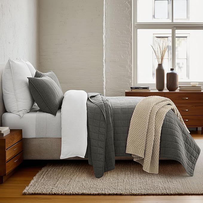 EVERGRACEHOME 100% Cotton Box Stitch Quilt Bedding Set King Size 3 Pieces, Garment-Washed Lightweight Soft Cozy Coverlet, Oversized Quilted Bedspread Sets with 2 Shams for All Season, Dark Gull Gray