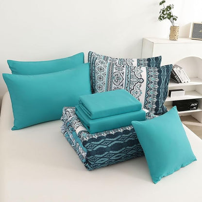 Cottolester Boho Full Size Comforter Set 8 Pieces, Teal Comforter Bohemian Striped Bed in A Bag, Soft Microfiber Bedding Set for All Seasons