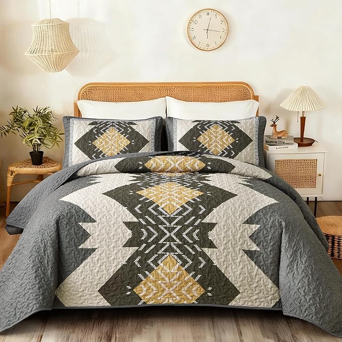 Dintszyayue Boho Quilt Set King Size, Grey Aztec Texture Bedspread Set, 3 Pieces Texture Southwestern Gray Bedding Set, Soft Lightweight Coverlet Set for All Season Bedding with 2 Pillowcases