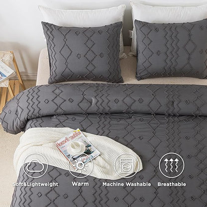 Andency Dark Gray Tufted Comforter Set Full(79x90Inch), 3 Pieces(1 Tufts Comforter, 2 Pillowcases) Boho Textured Farmhouse Bed, Microfiber Down Alternative Geometric Bedding Set