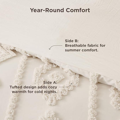Bedsure Boho Tufted Beige Comforter Set Queen Size, GentleSoft™ 3 Pieces Boho Farmhouse Decor Bedding, Exquisite Shabby Chic Bedding for All Seasons, 1 Bed Comforter, 2 Pillow Shams, 90x90 Inches