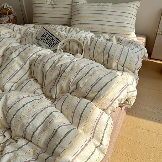 EAVD Retro Striped Duvet Cover Set King Size 100% Cotton Chic Stripes Printed Bedding Set with 2 Pillowcases Vintage Geometric Pattern Duvet Cover with Zipper Closure(Yellow&Green&Brown, King)