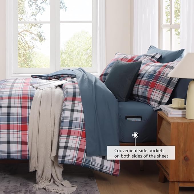 MaiRêve Full Size Plaid Comforter Set Navy Red, Classic 7 Pieces Farmhouse Bedding Set, All Season Lightweight Bed in A Bag with Sheets, Pillowcases & Shams