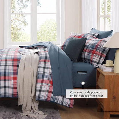 MaiRêve Full Size Plaid Comforter Set Navy Red, Classic 7 Pieces Farmhouse Bedding Set, All Season Lightweight Bed in A Bag with Sheets, Pillowcases & Shams