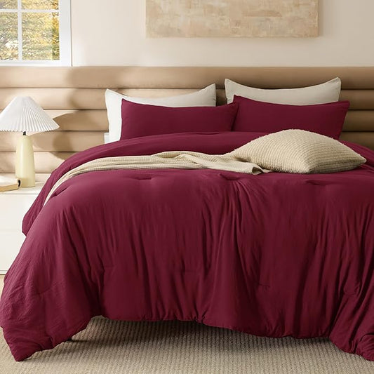 Bedsure Queen Comforter Set, Dark Red Soft Prewashed Bedding for All Seasons, 3 Pieces GentleSoft™ Bed Set, 1 Lightweight Comforter (90"x90") and 2 Pillowcases (20"x26")