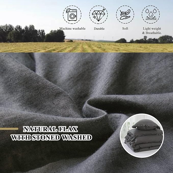 Simple&Opulence 100% Linen Duvet Cover Set, 3 PCS Natural French Flax Dark Grey Ruffle Duvet Cover Queen Size, Breathable Comfy Linen Bedding Comforter Cover with 2 Pillowcases (Dark Grey, 88" X 92")