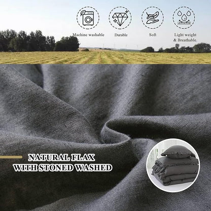 Simple&Opulence 100% Linen Duvet Cover Set, 3 PCS Natural French Flax Dark Grey Ruffle Duvet Cover Queen Size, Breathable Comfy Linen Bedding Comforter Cover with 2 Pillowcases (Dark Grey, 88" X 92")