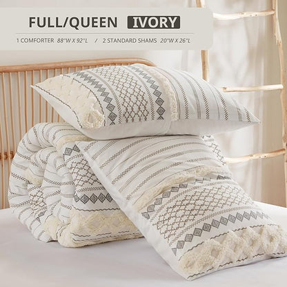INK+IVY Comforter for Queen Size Bed, Chenille Tufted, Breathable Cotton Comforter Set Queen, All Season Modern Boho Comforter with Farmhouse Bedding Flare, 2 Matching Shams, Queen Ivory 3 Piece