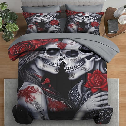 Comforter Set Full Size, Love 7 Pcs Bedding for Adults, Vintage Flower Rose Bed Sheet Sets with Fitted Sheet 2 Pillowcases & 2 Shams for Bedroom Bed Decor