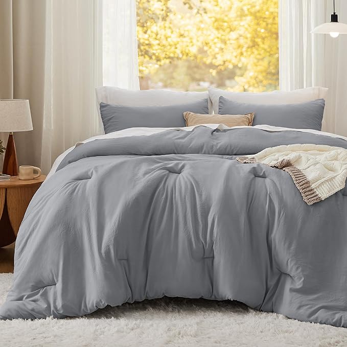 Bedsure Queen Comforter Set, Grey Soft Prewashed Bedding for All Seasons, 3 Pieces GentleSoft™ Bed Set, 1 Lightweight Comforter (90"x90") and 2 Pillowcases (20"x26")