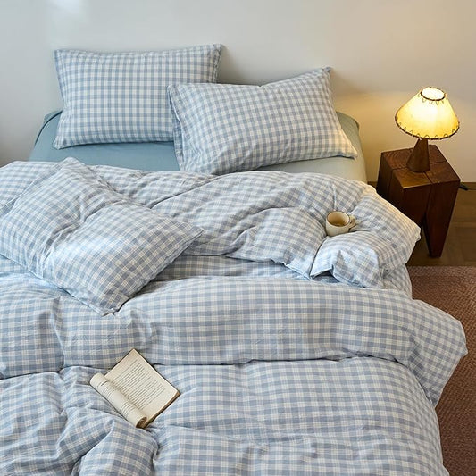 LifeTB Blue Gingham Duvet Cover Queen Size 100% Washed Cotton Plaid Checkered Comforter Cover Soft Breathable Blue White Grid Duvet Cover Farmhouse Gingham Bedding Set with 2 Pillowcases