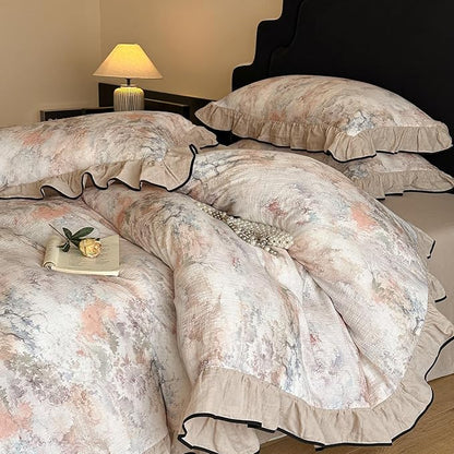 VM VOUGEMARKET Cotton Muslin Duvet Cover Queen Vintage Floral Duvet Cover with Ruffles Soft Linen Like Gauze Comforter Cover with Zip Closure and Corner Ties- 90"x90"