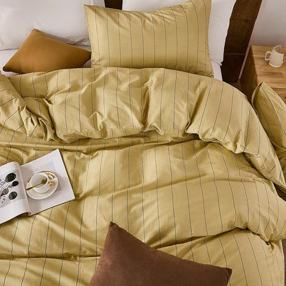 Merryword Yellow Striped Duvet Cover Set King Size, Natural Cotton Bedding Set with Zipper Closure & 8 Corner Ties, Soft Breathable Luxury Linen Like Bedding for All Seasons