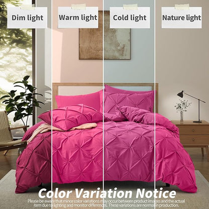 VACVELT 5 Piece Pinch Pleated Duvet Cover King Size Set, No Comforter, Hot Pink Pintuck Duvet Cover with Zipper & 8 Ties, Shabby Chic & Microfiber, 2 Pillow Shams, 2 Pillowcases