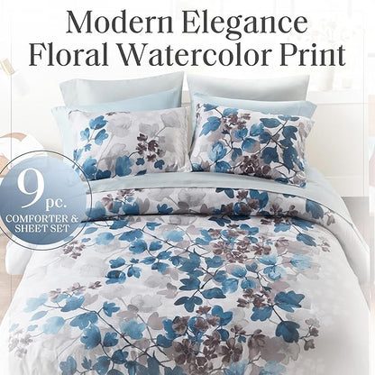 Madison Park Queen Comforter Set with Sheets, Floral Bed in A Bag Soft Microfiber Comforter for Queen Size Bed, All Season Lightweight Comforters Queen Bed Set, Alexis, 9 Piece Blue