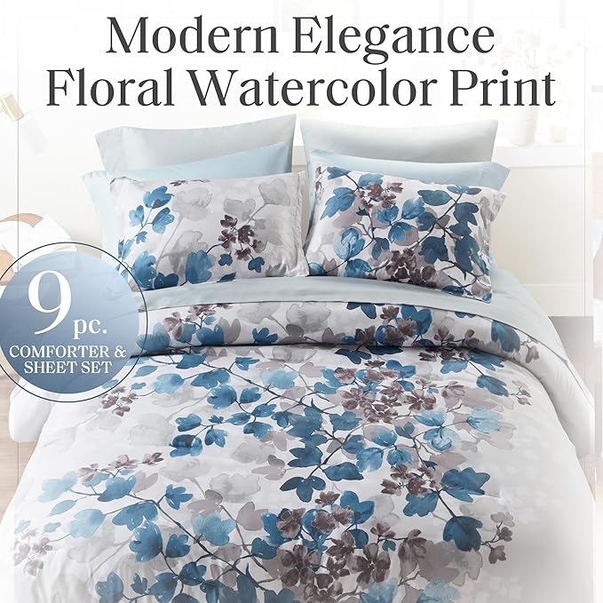 Madison Park King Comforter Set with Sheets, Floral Bed in A Bag Soft Microfiber Comforter for King Size Bed, All Season Lightweight Comforters King Bed Set, Alexis, 9 Piece Blue