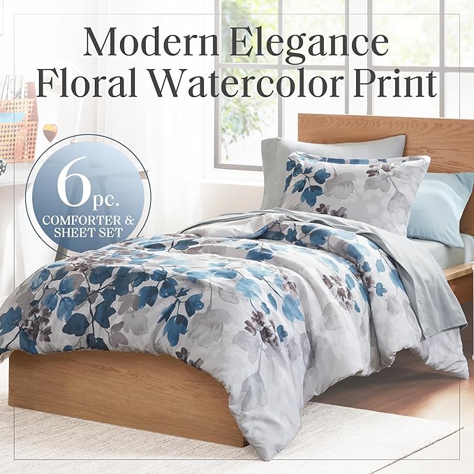 Madison Park Twin XL Comforter Set with Sheets, Floral Bed in A Bag Soft Microfiber Comforter for Twin XL Size Bed, All Season Lightweight Comforters Twin XL Bed Set, Alexis, 6 Piece Blue