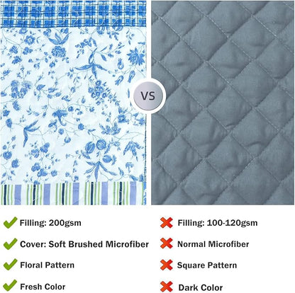 Cmfshape Summer Floral King Quilted Bedspread,Romantic Pink Quilt Set,Reversible Stitched Bedding Cover All Season,Soft Lightweight Coverlet with Pillow Cases (Blue&White, King(102"x90"))