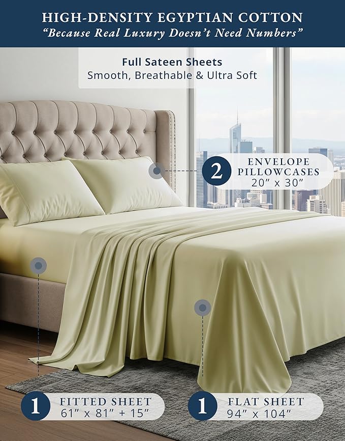 LANE LINEN 100% Egyptian Cotton Sheets, Sustainably Produced Eco Friendly Luxury Hotel Like Thick Sábanas Full, 15 inch Reinforced French Seam Full Size Bed Sheet - Sea Foam