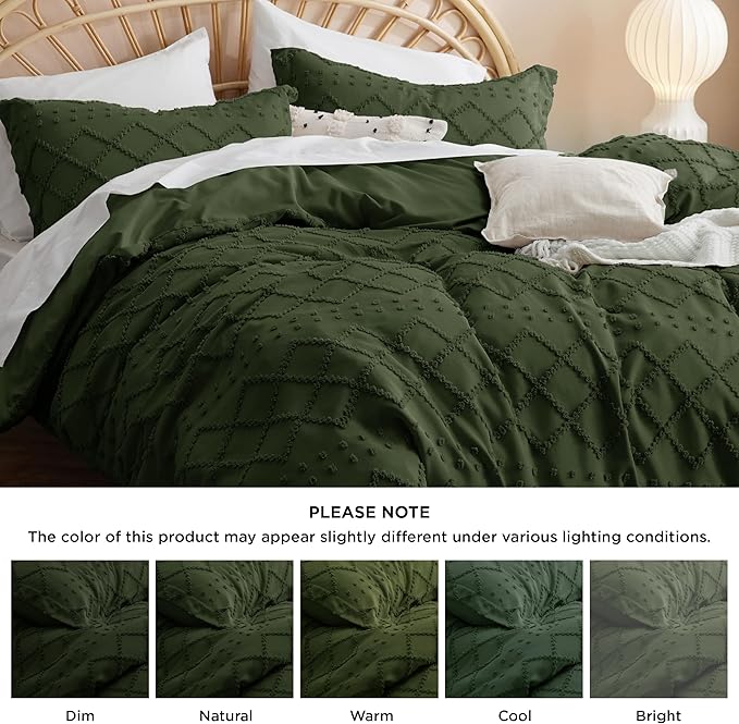 Bedsure Boho Duvet Cover Queen Size - Dark Green Breathable & Soft Boho Bedding, Machine Washable Comforter Cover for All Seasons, Includes 1 Duvet Cover 90"x90" with 2 Pillow Shams & Zipper Closure