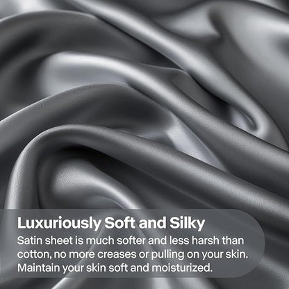 BEDELITE Satin Sheets Full Size Bed Set, Luxury Soft Dark Grey Silky Sheets for Hair and Skin, Similar to Silk Bed Sheets Set 4 Pieces with 1 Deep Pocket Fitted Sheet, 1 Flat Sheet, and 2 Pillowcases