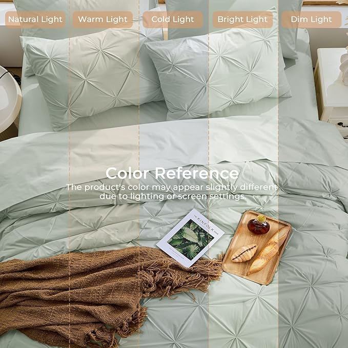 Sasttie King Size Comforter Set, 7-Piece Bed in a Bag, Pintuck Bedding Sets for All Season, Includes Comforter, Flat Sheet, Fitted Sheet, Pillowcases and Pillowshams, Dusty Green