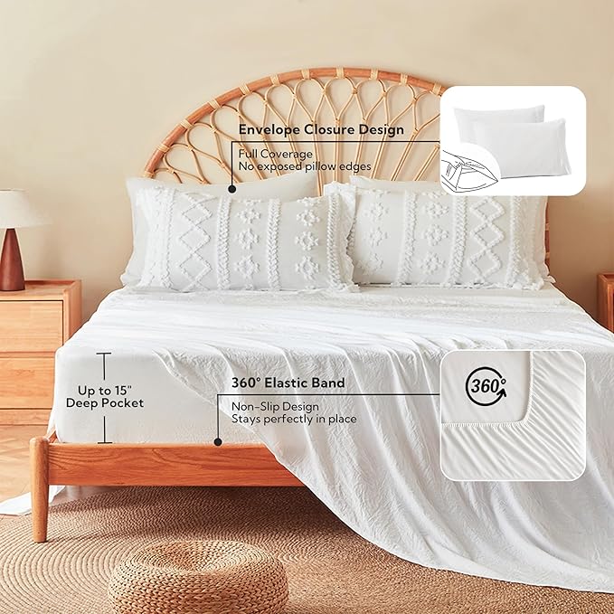 MR&HM California King Comforter Set White, 7 Pieces Tufted Boho Beddding Sets, Farmhouse Style Bed in a Bag with 1 Comforter, 2 Pillow Shams, 2 Pillowcases, 1 Flat Sheet, 1 Fitted Sheet