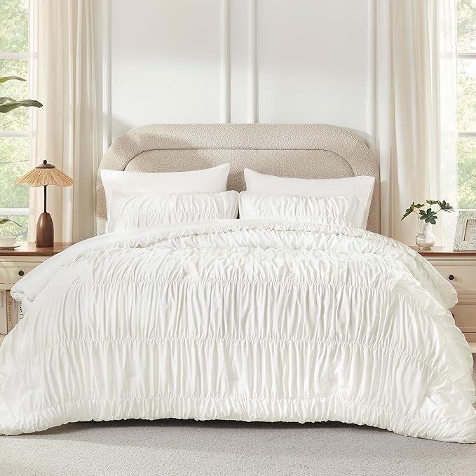 Andency Ruched Ivory King Size Comforter Set, Shabby Chic Pleated Bedding Sets 3 Pieces, Lightweight Soft Boho Ruffle Bed Set for Girls, Kids, Women, All Season