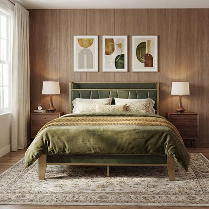 LIKIMIO Full Bed Frame, Storage Headboard with Charging Station, Solid and Stable, Noise Free, No Box Spring Needed, Easy Assembly (Dark Green)