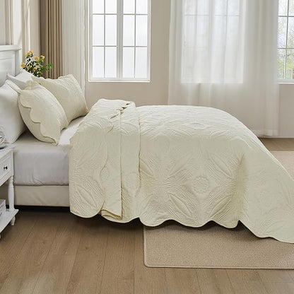 Kingnex Oversized King Bedspreads 128x120 for Extra Wide Tall King or Cal King Bed Ultrasonic Quilted Coverlet Set 3 Piece Include 1 Quilt 2 Pillowcases Cream