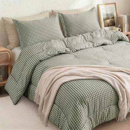 Full Comforter Set, Modern Plaid Checkered Bedding, Green Gingham Brown Grid Bed Comforter, Soft Fluffy Breathable Farmhouse Dorm Bedding, All Seasons 3 Piece Set | gingham