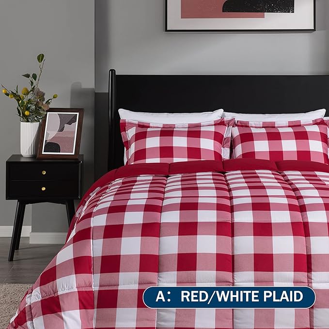 downluxe Lightweight Plaid Comforter Set (King) with 2 Pillow Shams - 3-Piece Set - Red/White Plaid - Down Alternative Reversible Comforter