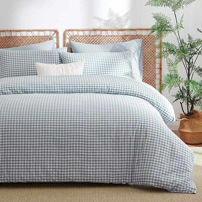 Nayoroom Gingham Duvet Cover Queen Size 100% Washed Cotton Blue Plaid Checkered Comforter Cover 3 Pcs Soft Breathable Grid Farmhouse Dorm Bedding Set for All Seasons