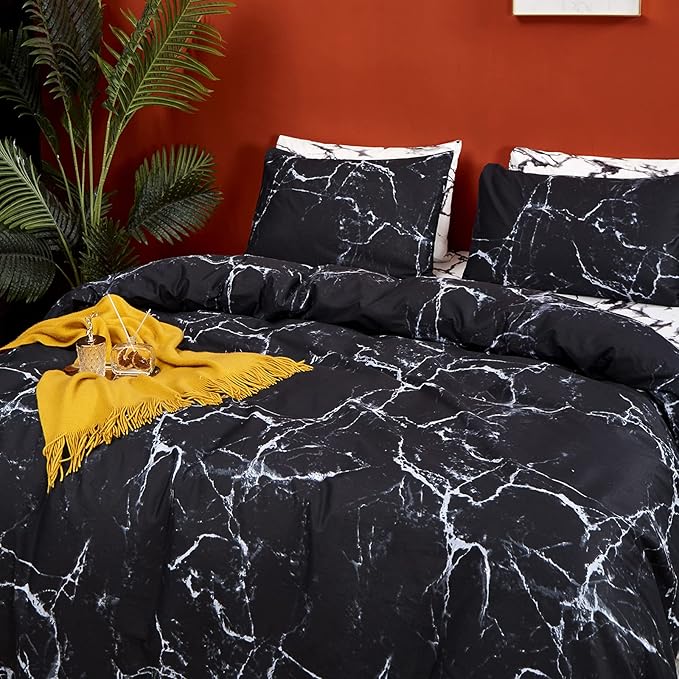 CLOTHKNOW Black White Full Size Comforter Sets Marble Bedding Comforter Sets Soft All Season Black Comforters with 2 x Pillow Cases