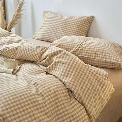 LifeTB Brown Gingham Duvet Cover Twin Size 100% Washed Cotton Beige Tan Plaid Checkered Comforter Cover Soft Breathable Grid Plaid Duvet Cover Farmhouse Gingham Bedding Set for All Seasons